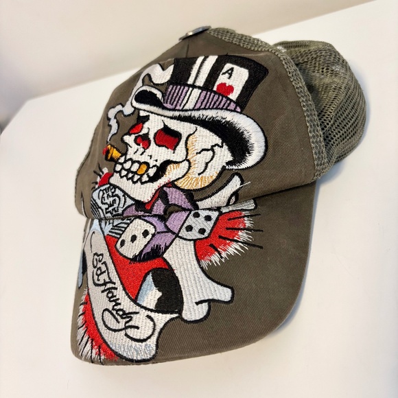 Vintage Don Ed Hardy Skull Snapback Baseball Trucker Net Hat Cap Khaki Green - Picture 1 of 4